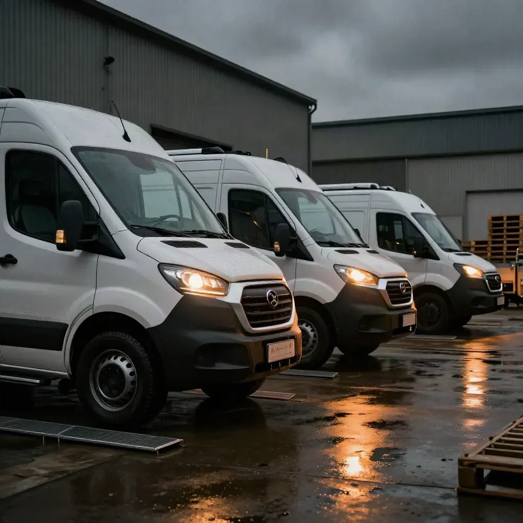 Three hire vans and a trailer staged in a moody industrial yard under amber light.