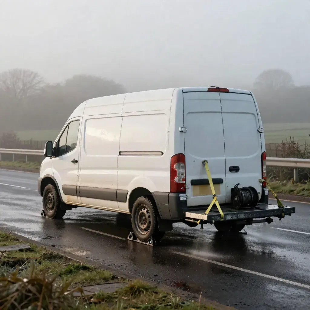 Van secured on a flatbed with wheel skates and recovery straps in road mist.