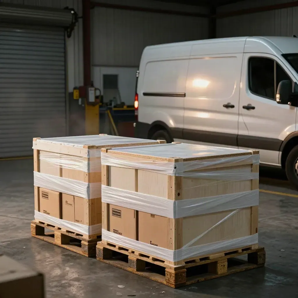 Sealed parts crates and a van beside drop-off boxes in a workshop bay