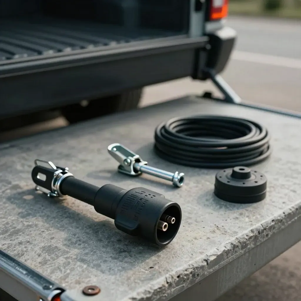 Trailer plug, hitch pin, coiled cable and wheel chock on concrete, ready for pickup