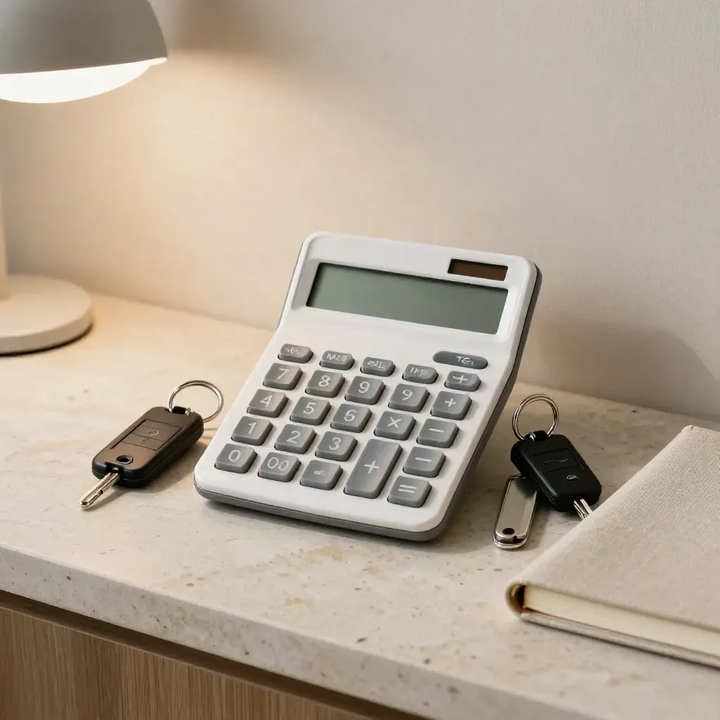 Calculator, two key rings and a closed notebook on a pale stone counter for a hire quote
